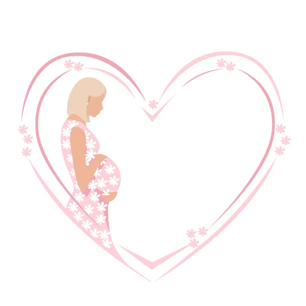 Beautiful Pregnant Woman Pink Dress Train White Flowers Happiness Motherhood — Stock Vector