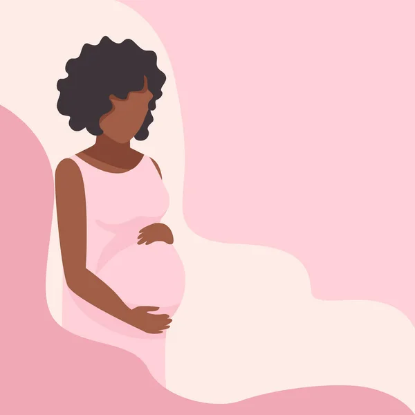 Güzel Siyah Hamile Kadın Karnına Sarılıyor Anneliğin Mutluluğu Soyut Minimalist — Stok Vektör