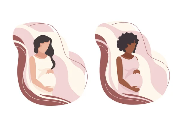 Hermosas Mujeres Embarazadas Abrazan Vientre Felicidad Maternidad Conjunto Ilustraciones Vectoriales — Archivo Imágenes Vectoriales