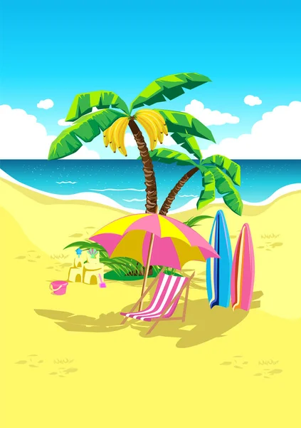 Playa Tropical Con Palmeras Sombrillas Tumbonas Estilo Dibujos Animados Verano — Vector de stock