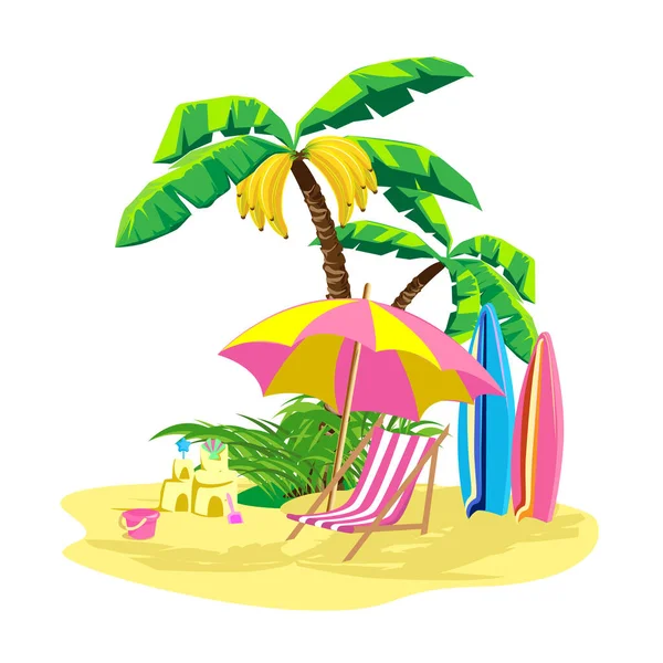 热带海滩 有棕榈树 雨伞和卡通风格的日光浴 以白色背景为背景为传单 招贴画或明信片隔离的海洋媒介图解的暑假 — 图库矢量图片