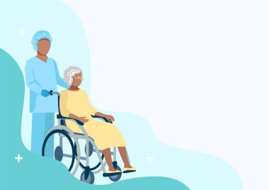 Hemşire yaşlılara bakıyor. İlaçlar. Hemşireler sağ olsun. Düz biçimli vektör illüstrasyon şablonu.