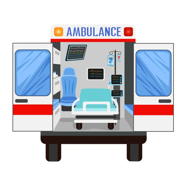 Zadní Pohled Sanitku Otevřenými Dveřmi Zdravotnickým Vybavením Vektorové Ilustrace Ambulance — Stockový vektor