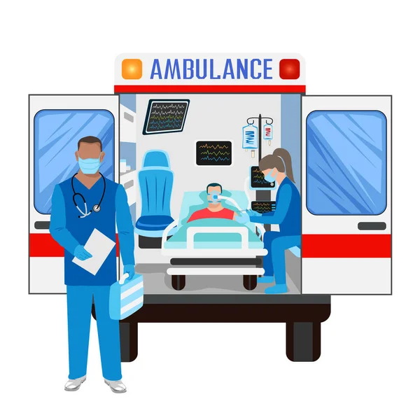 救急車の患者を助けるのが救急車だ 患者は人工呼吸器に接続されています 医師や看護師のおかげで 急用入院 ベクトンイラスト — ストックベクタ