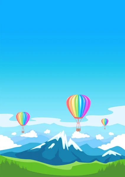 空力は山の峰や開花谷を飛び越える 虹色の熱気球 明るいエンターテイメントと旅行 風船祭りだ ベクトル縦図 — ストックベクタ