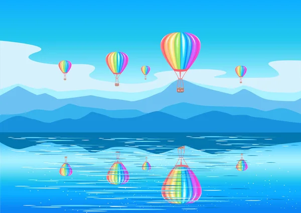 Aerostatyki Tęczowych Kolorów Przelatują Nad Morzem Odbijają Się Wodzie Balon — Wektor stockowy