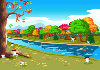 Nehir, orman, mantar ve düşen yapraklarla güzel bir sonbahar manzarası. Sonbaharın ortasında parlak, yatay bir illüstrasyon. Sonbahar ormanının arka planı için vektör şablonu.