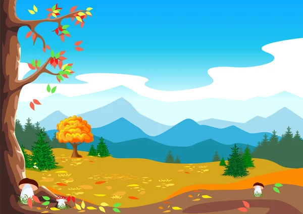Beautiful Autumn Landscape Forest Mushrooms Falling Leaves Bright Horizontal Illustration — Image vectorielle