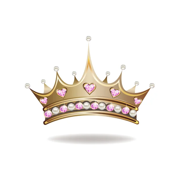 王妃王冠或头冠 有珍珠和粉色宝石 呈心形 呈心形 背景为白色 — 图库矢量图片