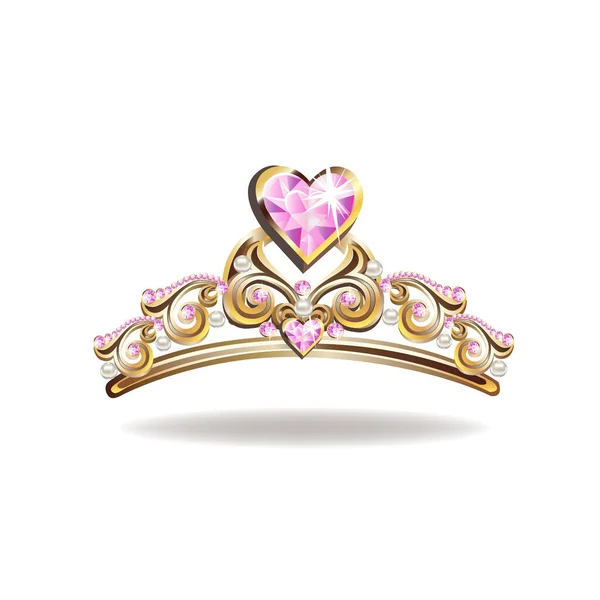 Принцеса Корона Або Тіара Перлами Рожевими Дорогоцінними Каменями Формі Серця — стоковий вектор