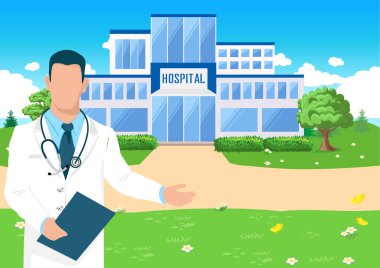 A friendly doctor stands in front of a modern hospital building. Thanks to the doctors and nurses. Vector illustration.