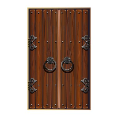 Antique fabulous door with forged handles. Double-leaf wooden door with metal decorations. A fabulous door to a magical land. Vector illustration isolated on white background.