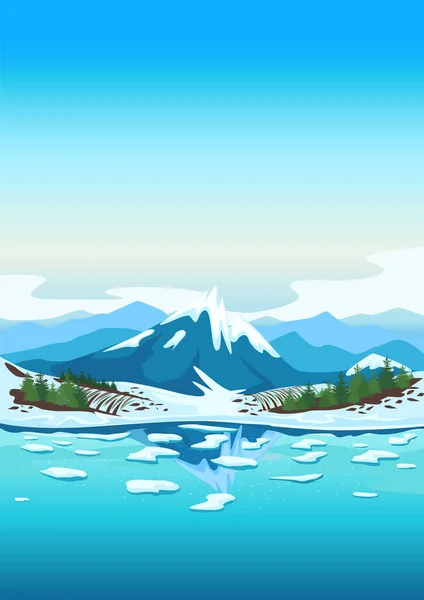 Spring landscape with a river, mountains in the snow, forest, fields, melting snow. Beautiful spring background illustration. Vector