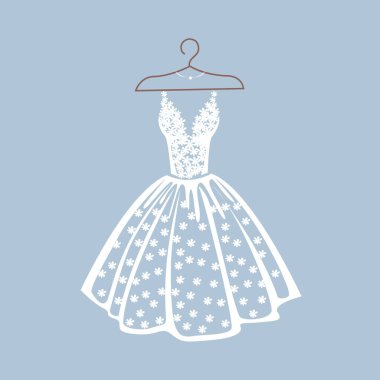 A beautiful lace dress hangs on a hanger for a wedding, evening or prom. Beauty and fashion. Background vector illustration template for invitation, flyer or card.