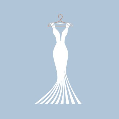 Düğün, akşam ya da balo için askıda güzel bir elbise. Güzellik ve moda. Davetiye, broşür veya kart için arkaplan vektör çizimi şablonu.