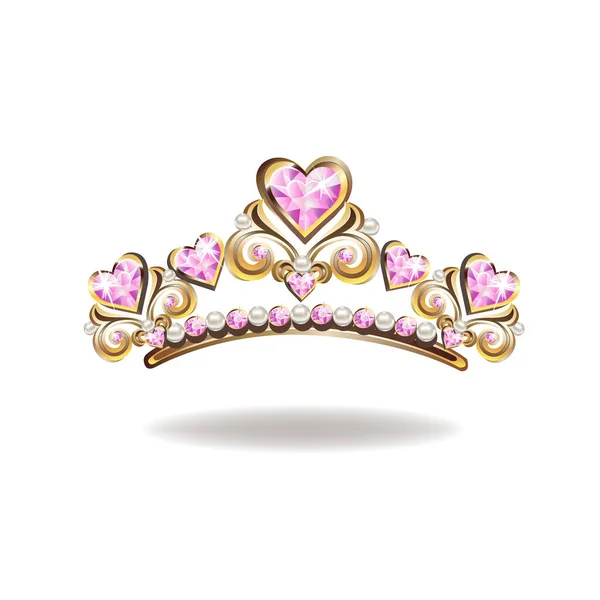 白を基調としたハートベクトルのイラストの形をした真珠とピンクの宝石を持つプリンセスクラウンまたはティアラ — ストックベクタ