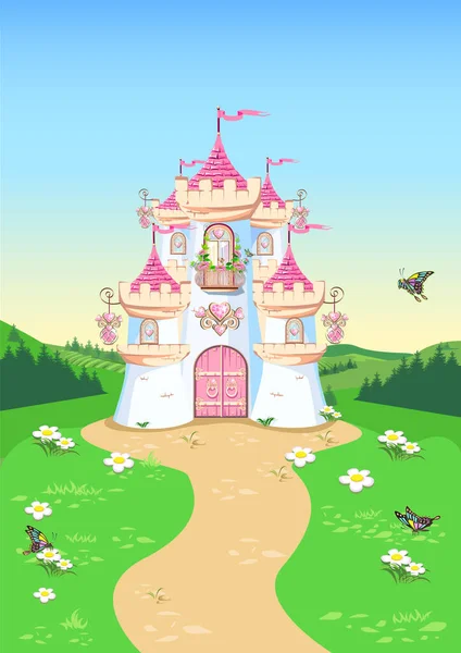 Conto Fadas Fundo Com Castelo Princesa Floresta Castelo Com Bandeiras — Vetor de Stock