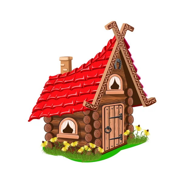 赤い屋根の丸太で作られたおとぎ話の家 古い木製のドア 煙突と運のための馬蹄形 白地に隔離された漫画風のベクトルイラスト — ストックベクタ