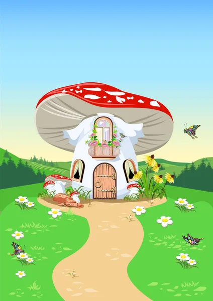 Vektor Illustration Svamp Hus Fluga Agaric Med Balkong Dörr Och — Stock vektor