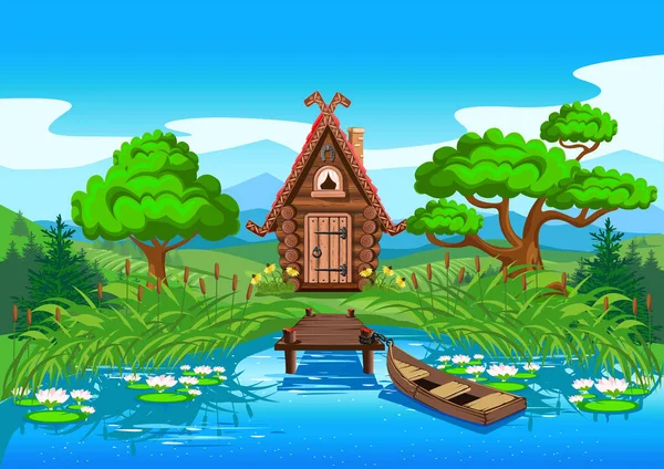 Pohádkový Dům Klád Břehu Krásného Jezera Poblíž Domu Molo Člun — Stockový vektor