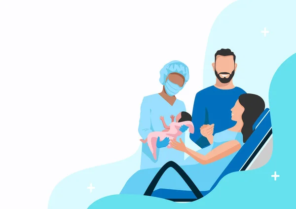 Gravid Kvinna Föder Barn Ett Förlossningssjukhus Partnerns Förlossning Tack Vare — Stock vektor