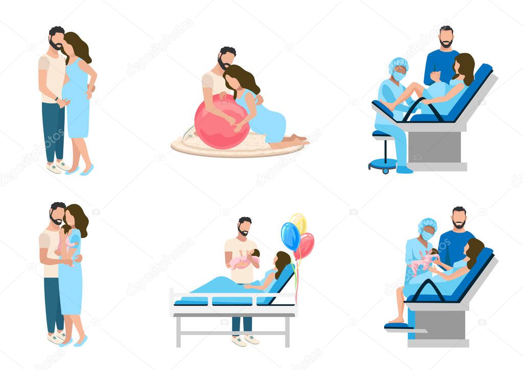 Partner childbirth vector set. The husband supports his wife during labor and childbirth. Pregnant in the delivery room. The paradise of the birth of a child. Obstetrics and gynecology.