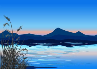 Güneşin battığı güzel bir manzara, dağlar ve sazlıklar. Renkli bir manzaranın en az biçimdeki vektör illüstrasyonu.