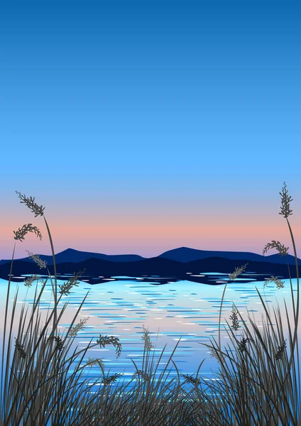 Piękny Krajobraz Zachodem Słońca Nad Morzem Górami Trzcinami Wektor Ilustracja — Wektor stockowy