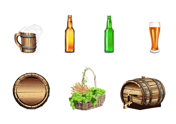 Ensemble Illustrations Réalistes Tonneau Bière Verre Bière Verre Bouteille Panier — Image vectorielle