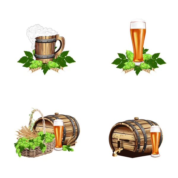 Conjunto Ilustraciones Realistas Barril Cerveza Vaso Cerveza Vidrio Botella Cesta — Vector de stock