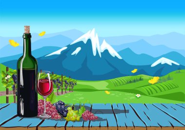 Eski bir masanın üzerinde bir şişe şarap ve üzüm bir üzüm bağının, bir vadinin ve dağların zeminine karşı. Hasat. Şarap yapımı. Şarap ve üzüm hala hayattadır. Vektör illüstrasyonu.