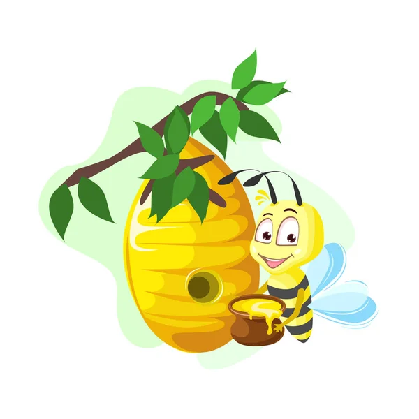 Cute Cheerful Little Bee Pot Honey Delicious Food Vector Illustration — Stock Vector