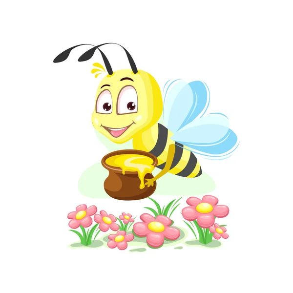 Cute Cheerful Little Bee Pot Honey Delicious Food Vector Illustration — Stock Vector