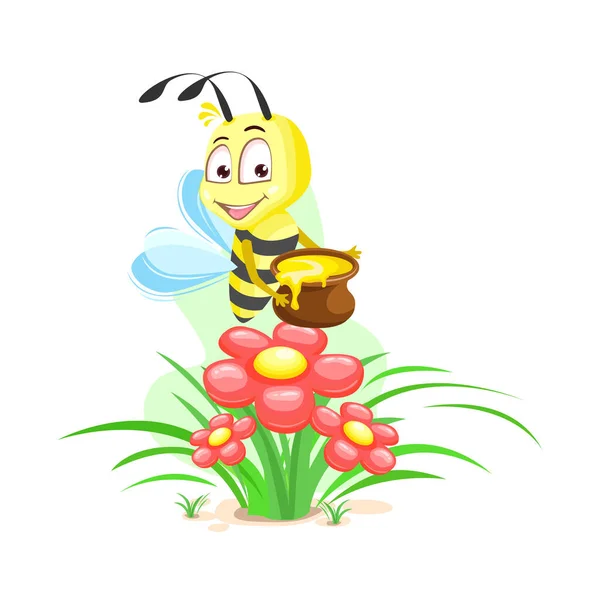 Cute Cheerful Little Bee Pot Honey Delicious Food Vector Illustration — Stock Vector