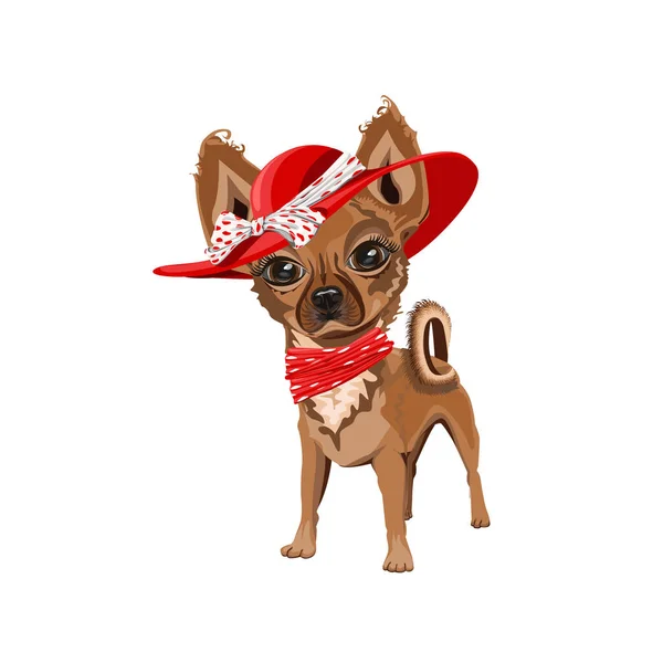 Cute Little Dog Red Hat Bow Doggy Princess Fashionista Vector — Vetor de Stock