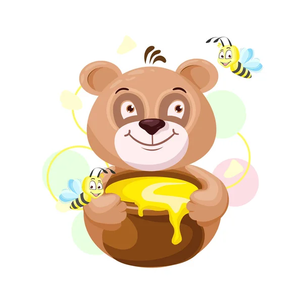 Leuke Teddybeer Met Honingpot Tekenfilmstijl Beer Houdt Van Honing Vector — Stockvector