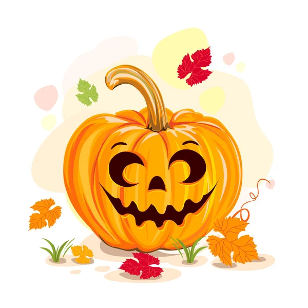 Halloween Pompoen Een Herfst Achtergrond Met Gele Rode Bladeren Vector — Stockvector