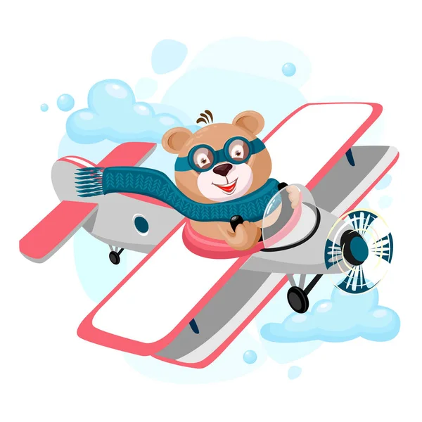 Teddy Bear Pilot Flies Airplane Vector Illustration Cheerful Bear Cub — Stock Vector