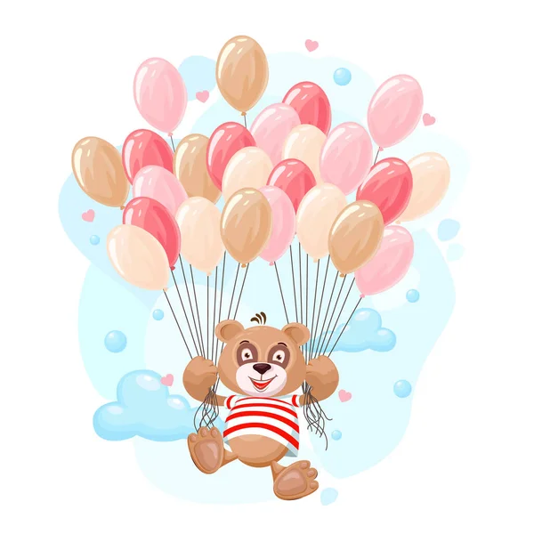 Ursinho Voa Balões Ilustração Vetorial Filhote Urso Alegre Estilo Desenho — Vetor de Stock