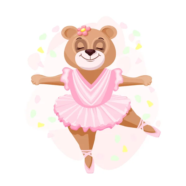 Beautiful Ballerina Bear Pink Tutu Bear Ballerina Dancing Stage Vector — Stock Vector