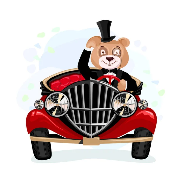 Bear Retro Clothes Retro Car Bear Gentleman Fashion Car 19Th — Stock Vector