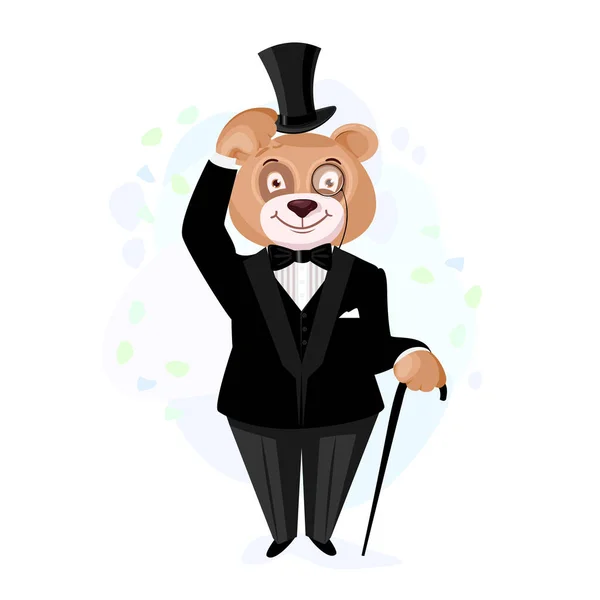 Bear Retro Clothes Bear Gentleman Walking Stick Tselindr Hat Vector — Stock Vector