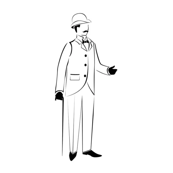 19世紀のレトロな服を着た男 ベクトルイラスト 男のシルエットが線で描かれている — ストックベクタ