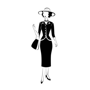 Retro kıyafet silueti içinde güzel ve zarif bir kız. 1950 yılı. Vektör illüstrasyonu beyaz arkaplanda izole edildi.