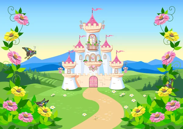 Conto Fadas Fundo Com Castelo Princesa Floresta Castelo Com Bandeiras —  Vetores de Stock