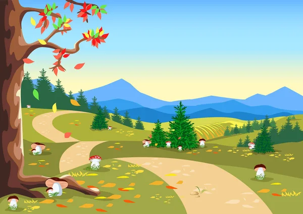 歩道がある美しい秋の森の風景 明るくカラフルな秋 平面図のベクトル図 — ストックベクタ