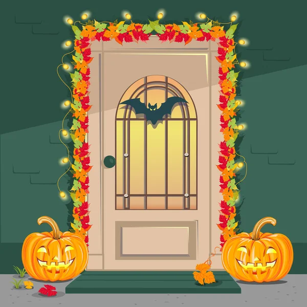Voordeur Versierd Voor Halloween Met Vrolijke Pompoenen Een Knuppel Spinnenwebben — Stockvector