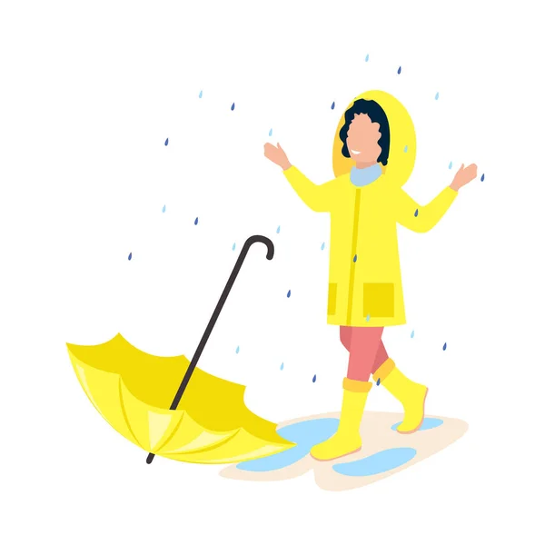 雨の中を黄色い傘を差したレインコートの少女が歩いている 秋が明るい 平面図のベクトル図 — ストックベクタ