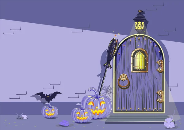 Die Alte Holztür Ist Halloween Mit Lustigen Kürbissen Fledermäusen Spinnweben — Stockvektor