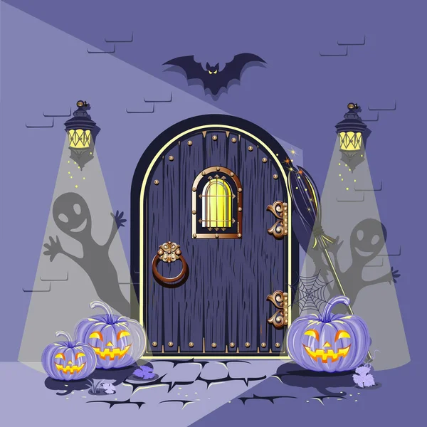Παλιά Ξύλινη Πόρτα Είναι Διακοσμημένη Για Halloween Αστείες Κολοκύθες Νυχτερίδες — Διανυσματικό Αρχείο